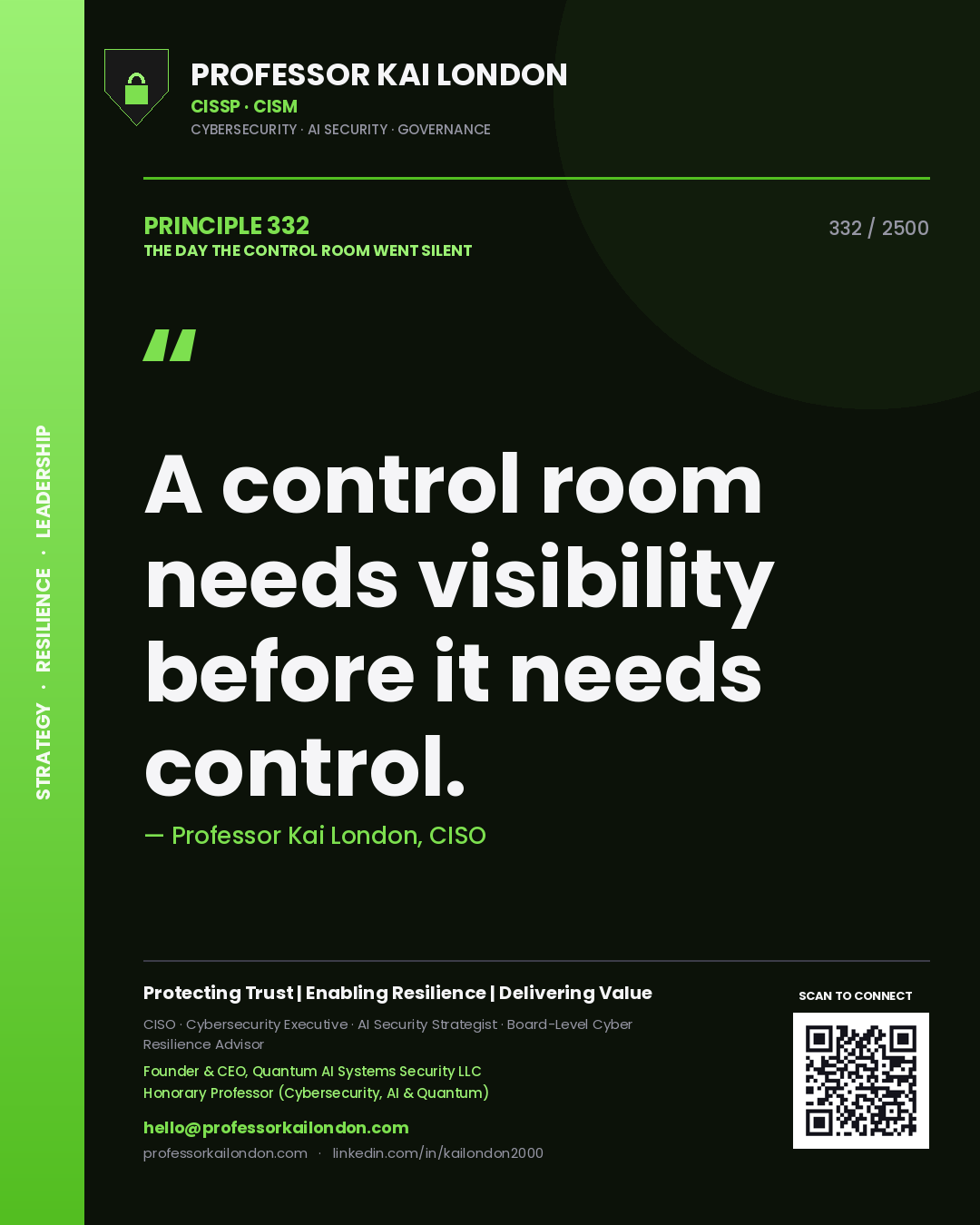 Professor Kai London principle 332: A control room needs visibility before it needs control.