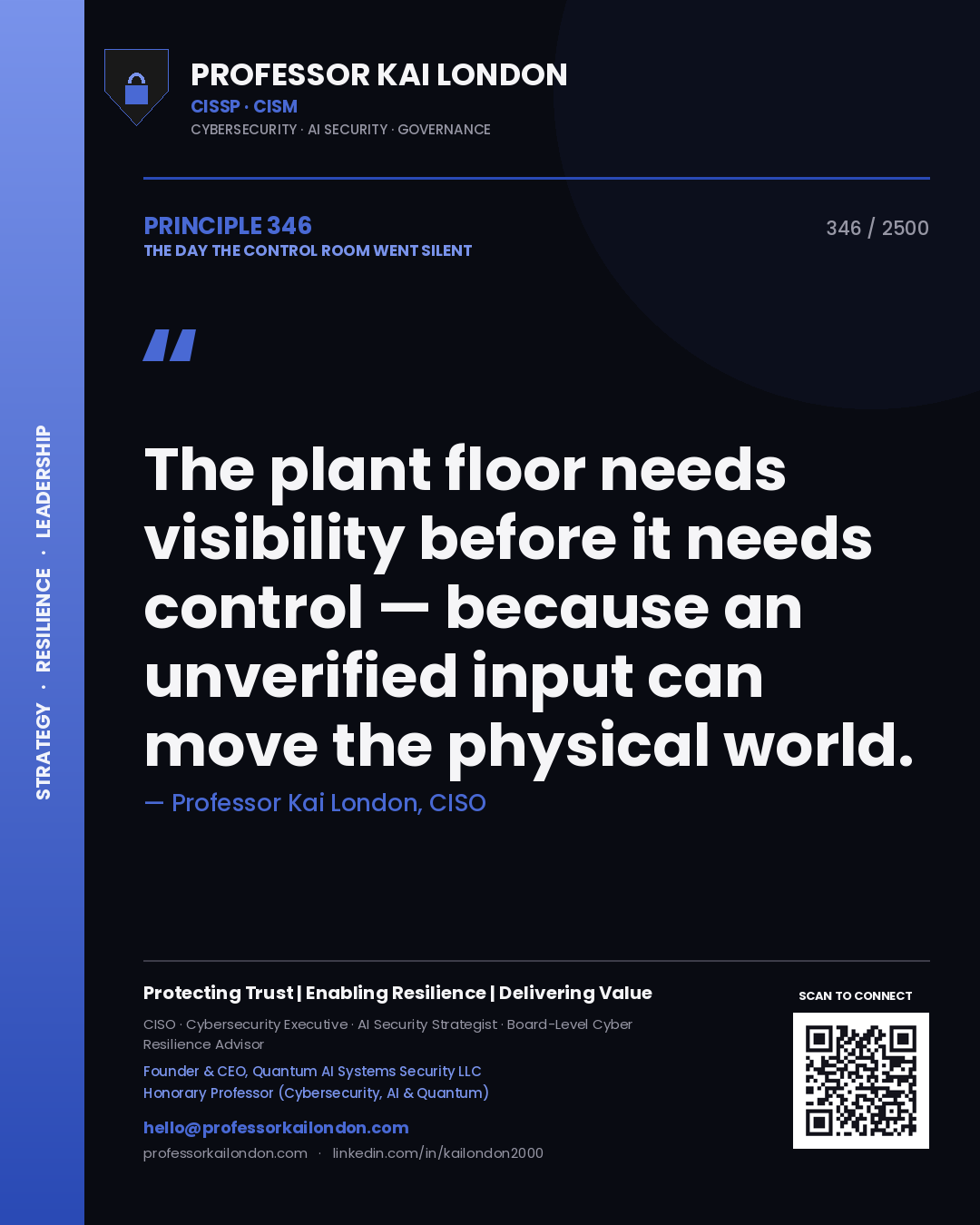 Professor Kai London principle 346: The plant floor needs visibility before it needs control — because an unverified input can move the physical world.
