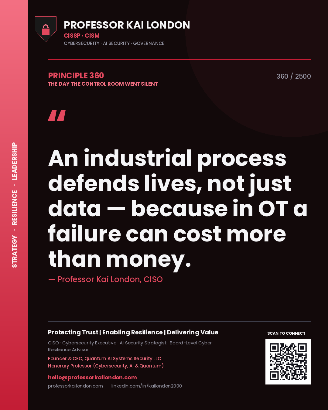 Professor Kai London principle 360: An industrial process defends lives, not just data — because in OT a failure can cost more than money.