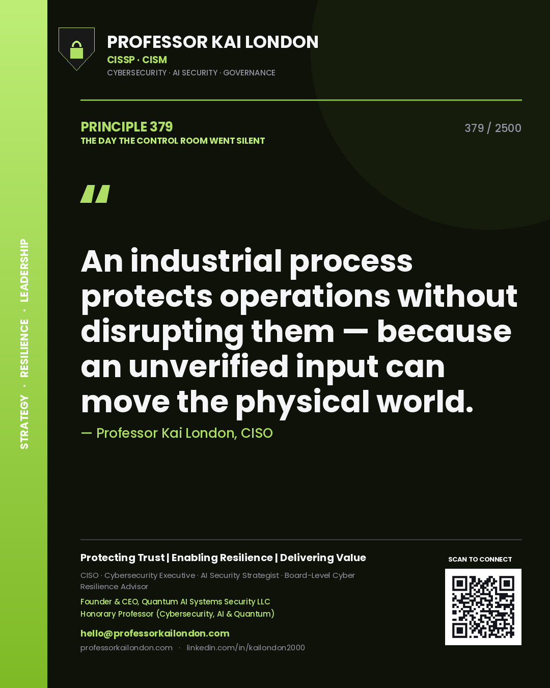 Professor Kai London principle 379: An industrial process protects operations without disrupting them — because an unverified input can move the physical world.