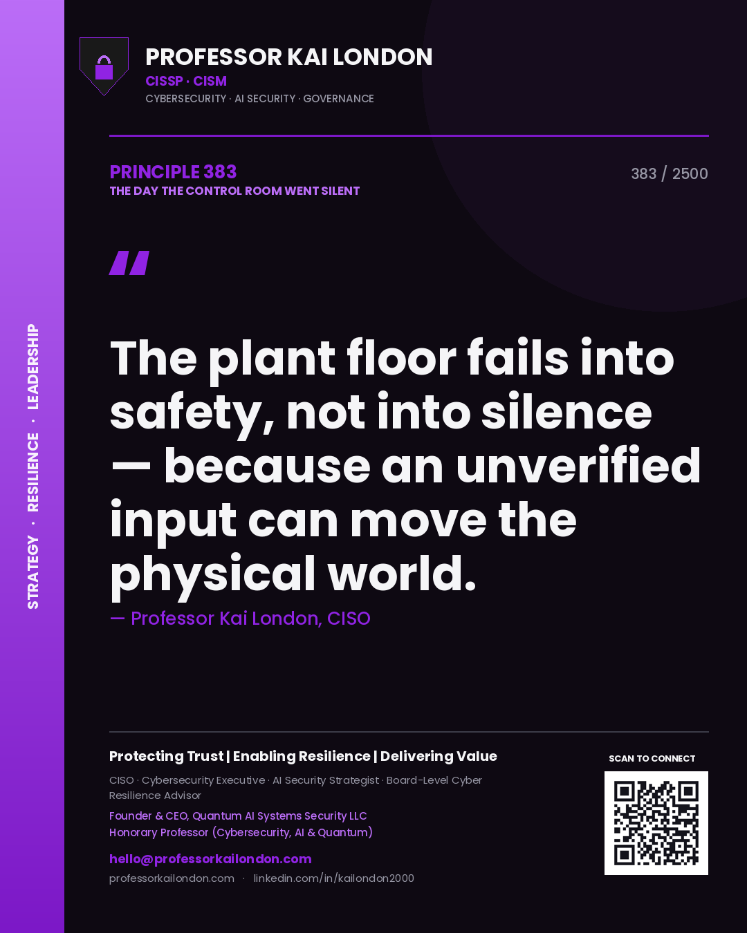 Professor Kai London principle 383: The plant floor fails into safety, not into silence — because an unverified input can move the physical world.