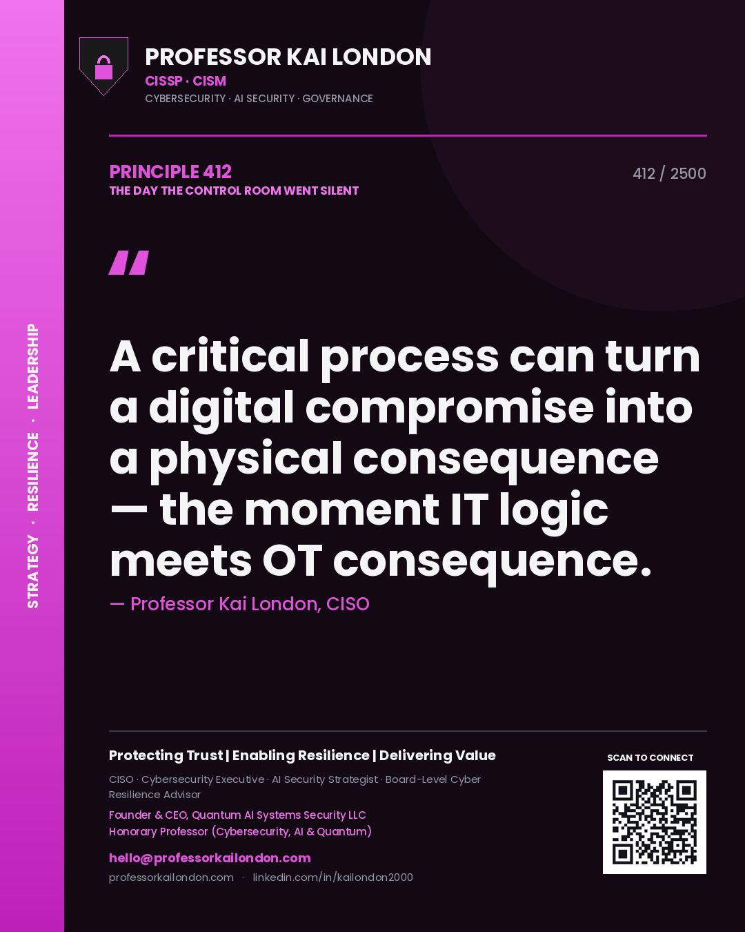 Professor Kai London principle 412: A critical process can turn a digital compromise into a physical consequence — the moment IT logic meets OT consequence.