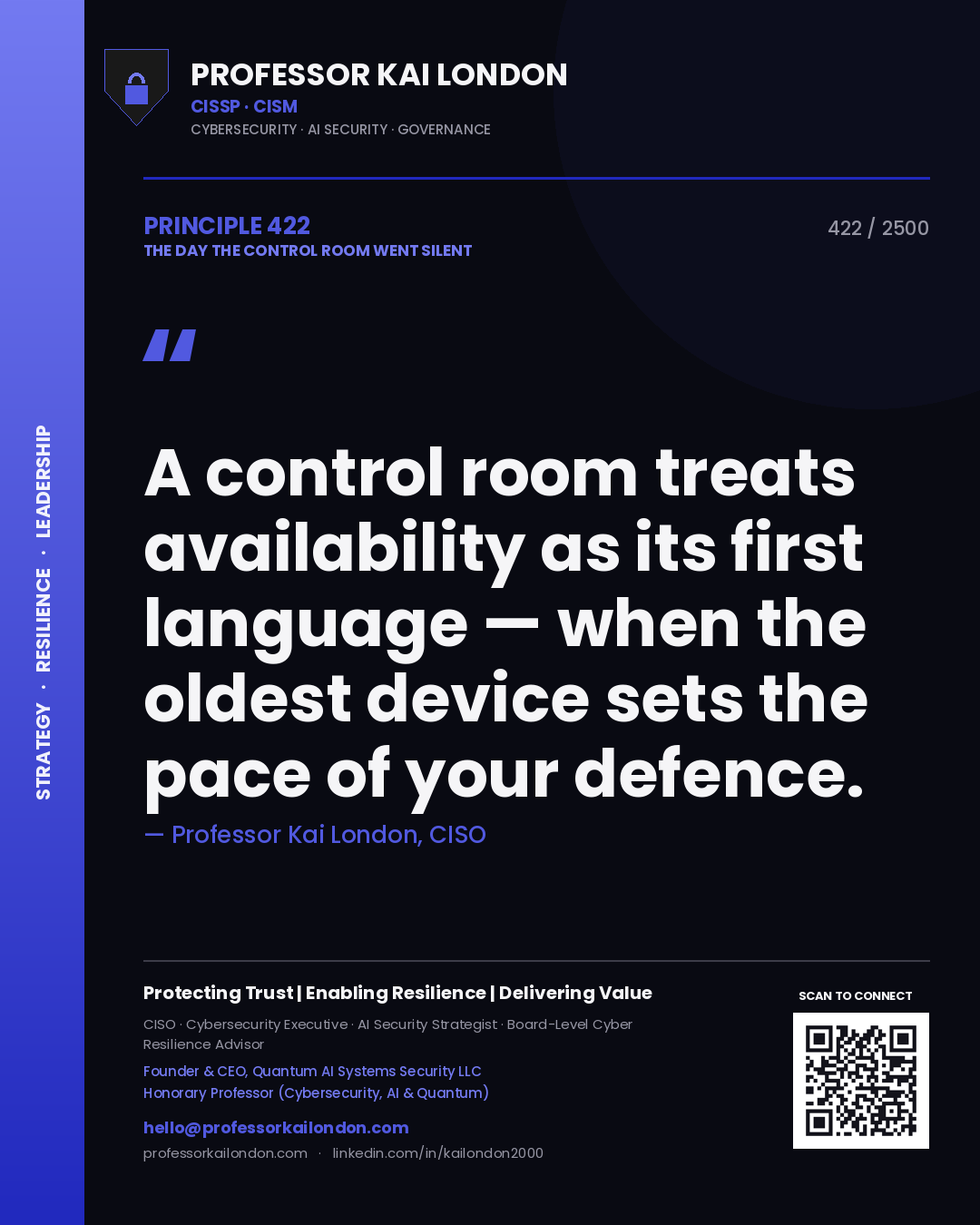 Professor Kai London principle 422: A control room treats availability as its first language — when the oldest device sets the pace of your defence.