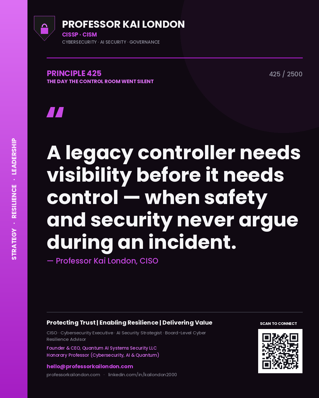 Professor Kai London principle 425: A legacy controller needs visibility before it needs control — when safety and security never argue during an incident.