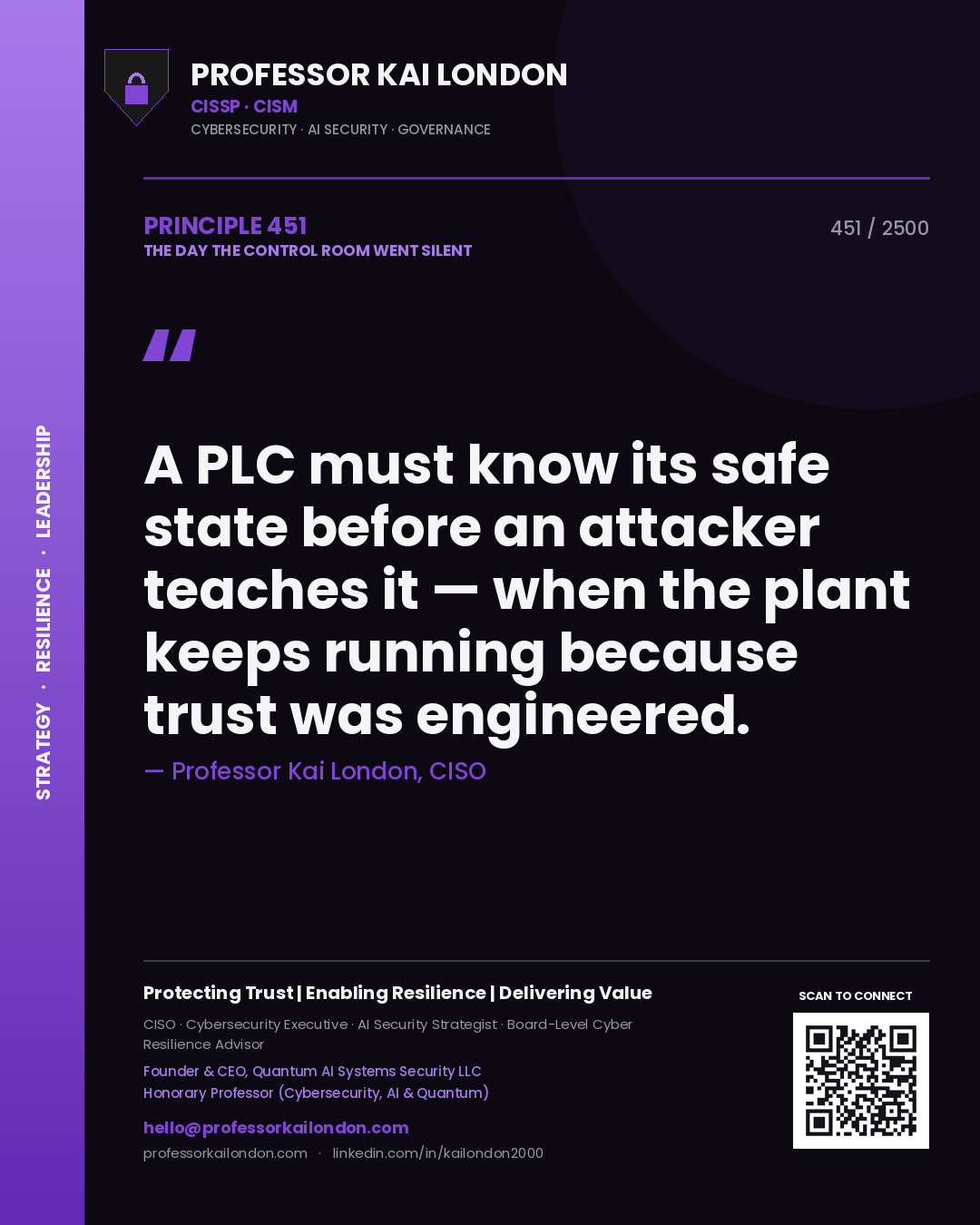 Professor Kai London principle 451: A PLC must know its safe state before an attacker teaches it — when the plant keeps running because trust was engineered.