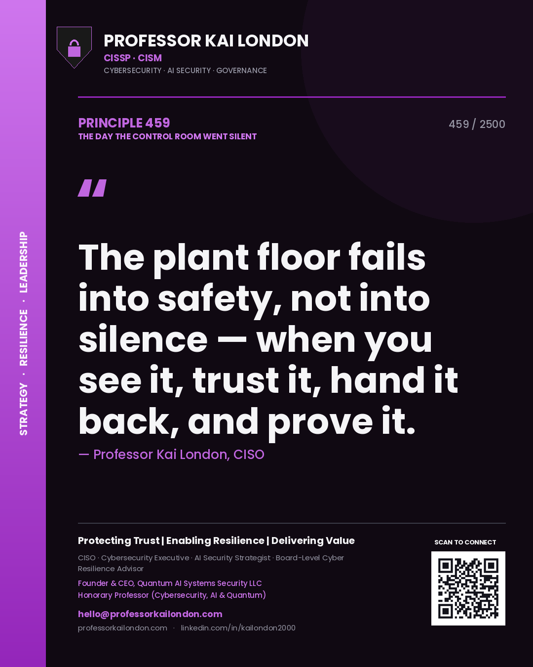 Professor Kai London principle 459: The plant floor fails into safety, not into silence — when you see it, trust it, hand it back, and prove it.