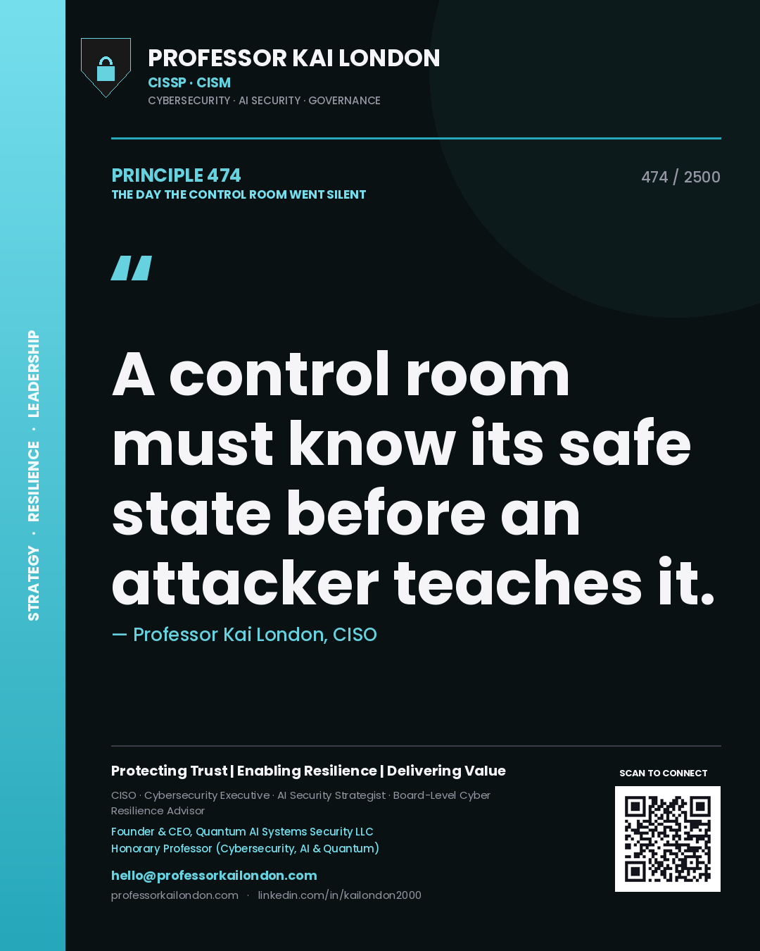 Professor Kai London principle 474: A control room must know its safe state before an attacker teaches it.