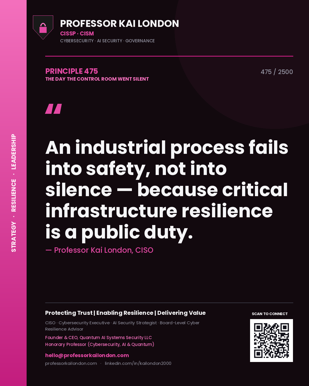 Professor Kai London principle 475: An industrial process fails into safety, not into silence — because critical infrastructure resilience is a public duty.