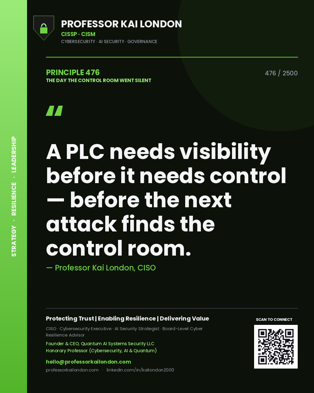 Professor Kai London principle 476: A PLC needs visibility before it needs control — before the next attack finds the control room.