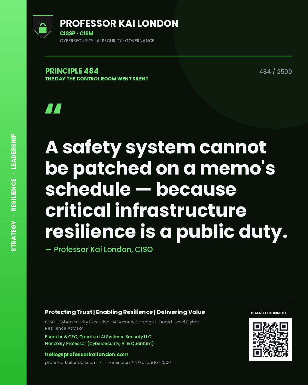 Professor Kai London principle 484: A safety system cannot be patched on a memo's schedule — because critical infrastructure resilience is a public duty.