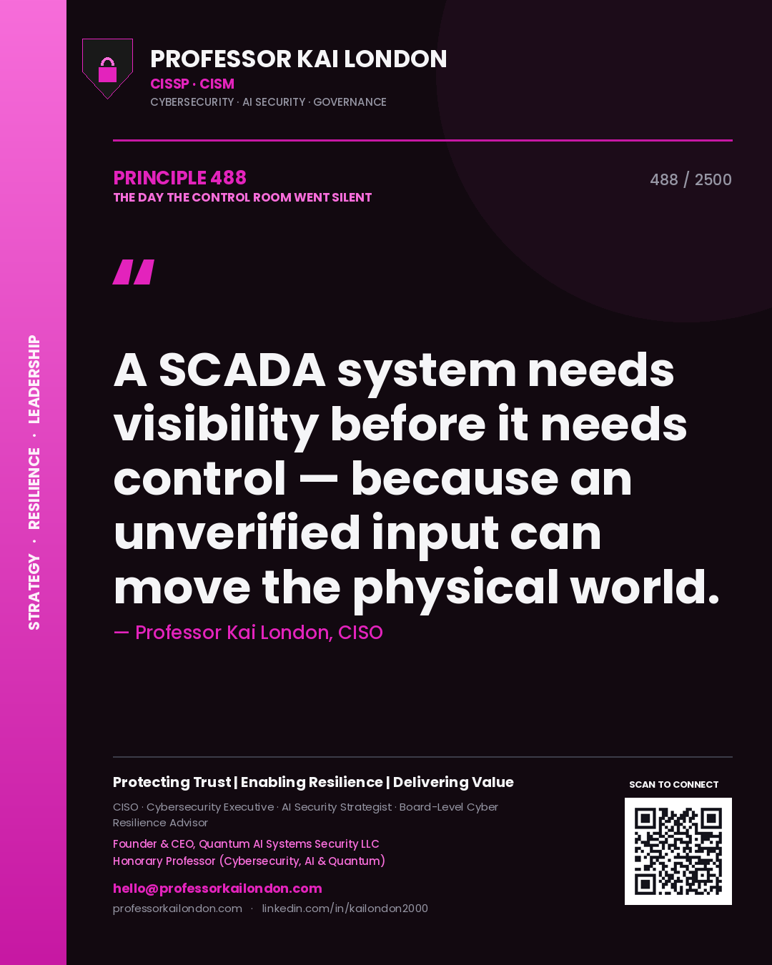 Professor Kai London principle 488: A SCADA system needs visibility before it needs control — because an unverified input can move the physical world.