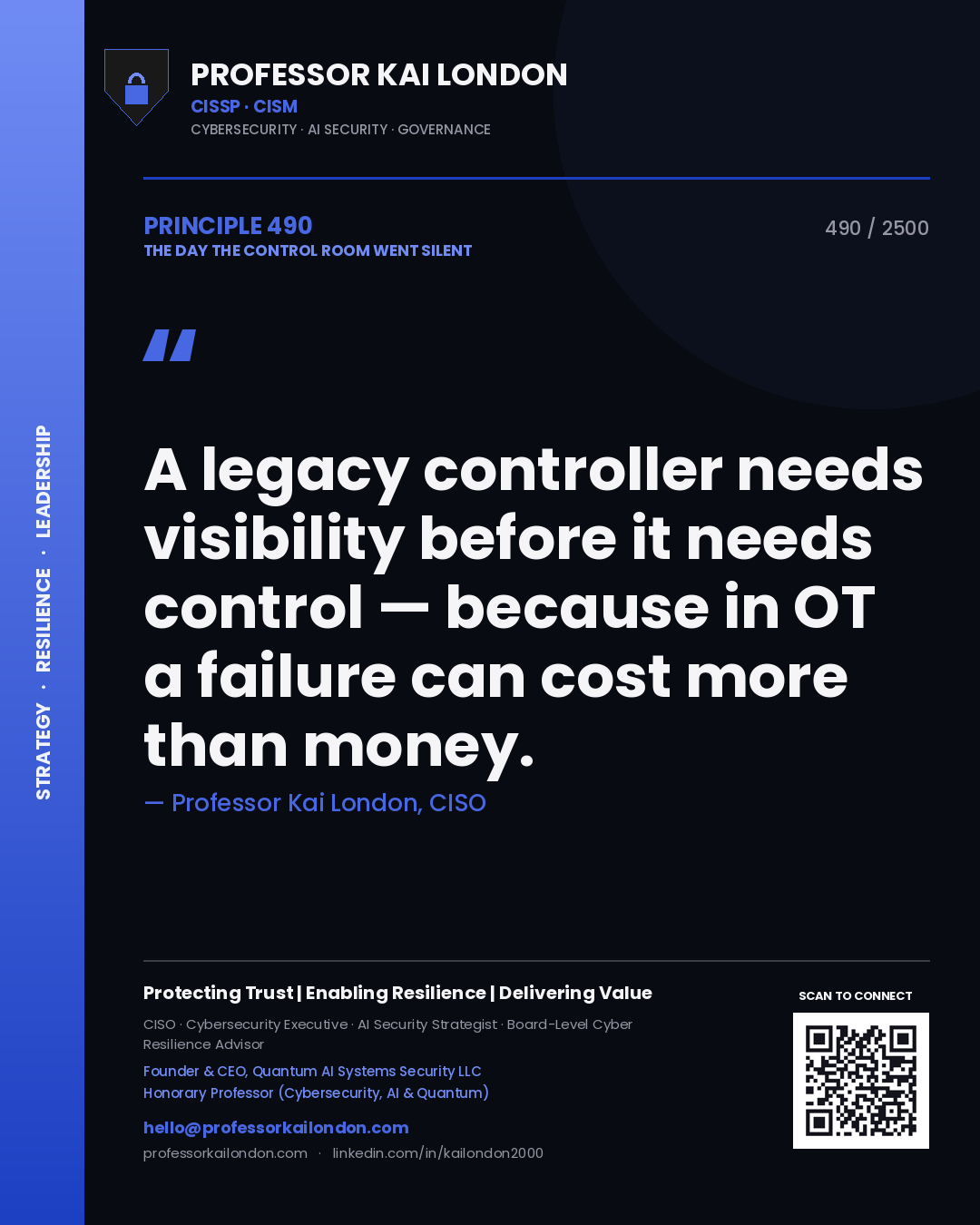Professor Kai London principle 490: A legacy controller needs visibility before it needs control — because in OT a failure can cost more than money.