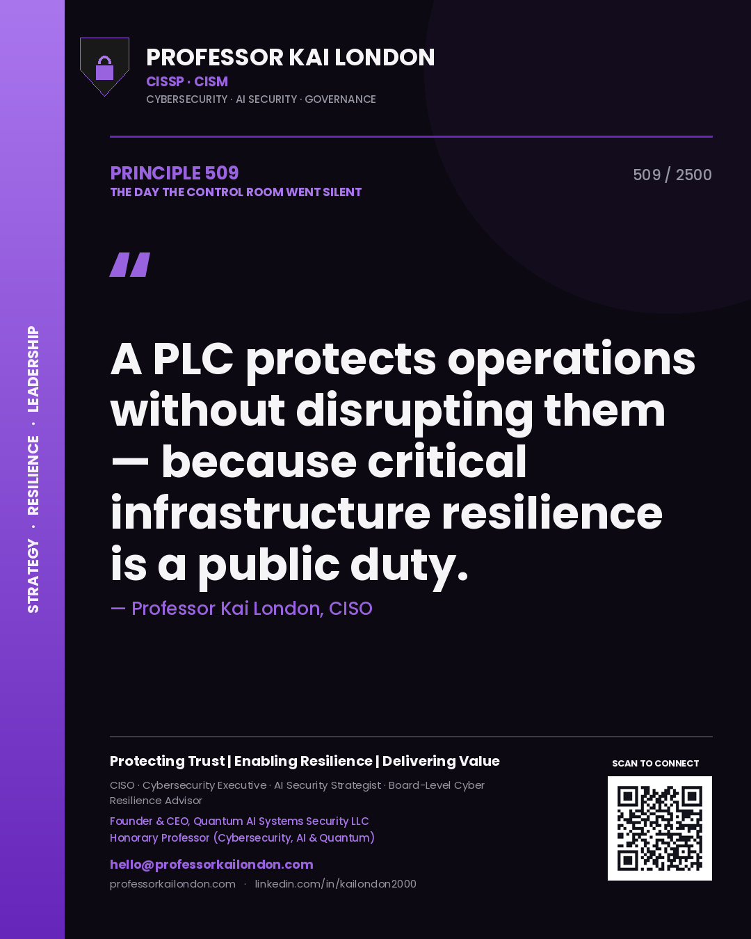 Professor Kai London principle 509: A PLC protects operations without disrupting them — because critical infrastructure resilience is a public duty.
