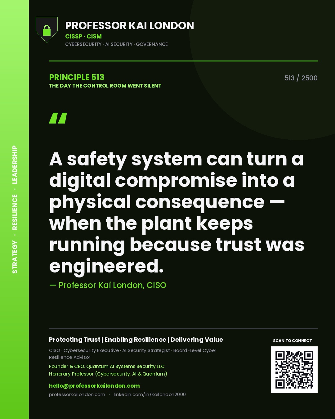 Professor Kai London principle 513: A safety system can turn a digital compromise into a physical consequence — when the plant keeps running because trust was engineered.