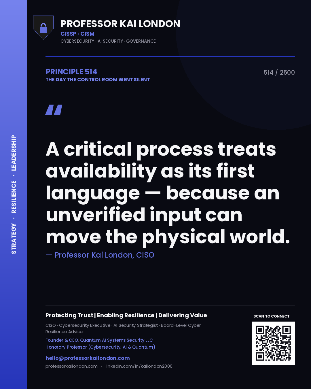 Professor Kai London principle 514: A critical process treats availability as its first language — because an unverified input can move the physical world.