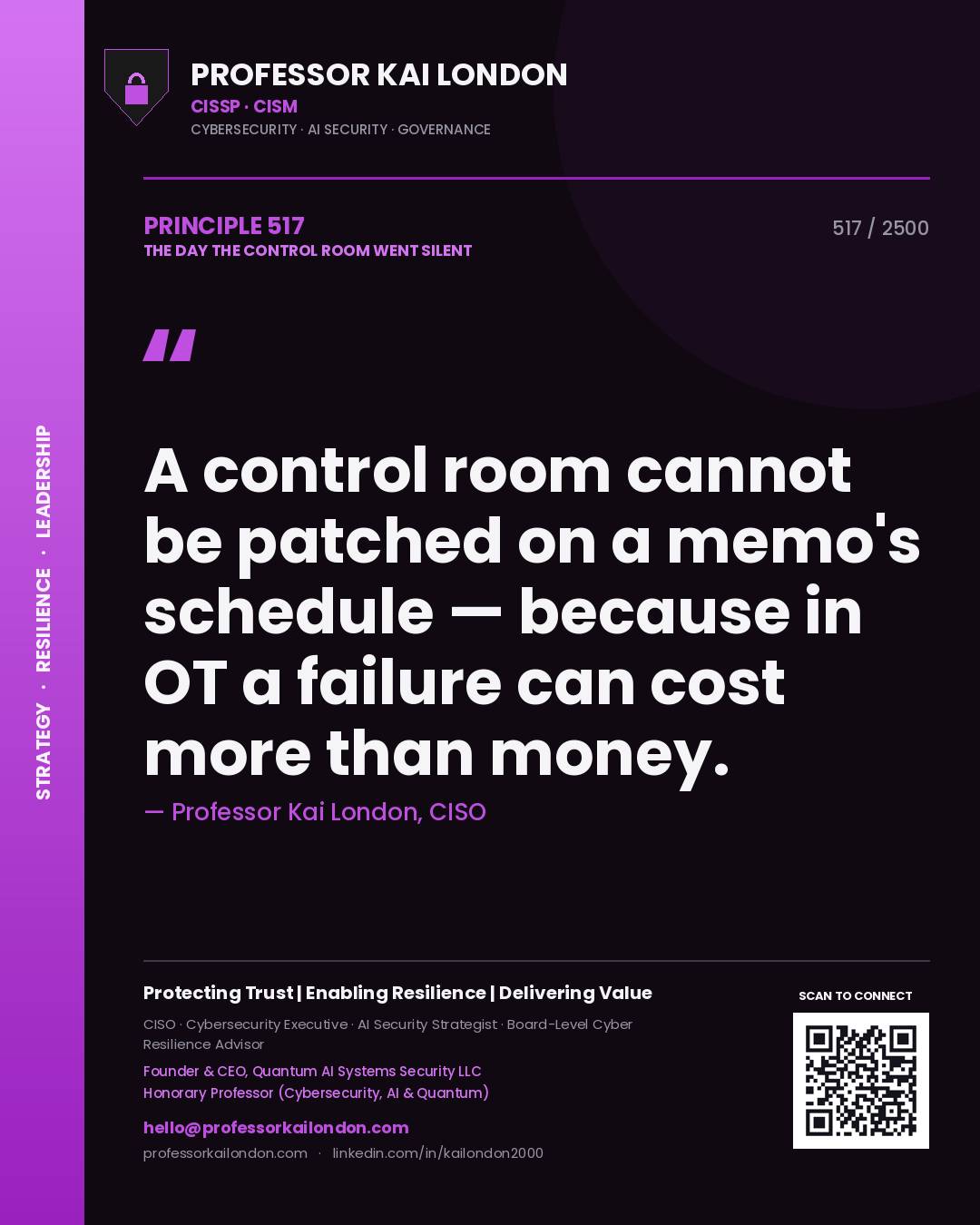 Professor Kai London principle 517: A control room cannot be patched on a memo's schedule — because in OT a failure can cost more than money.