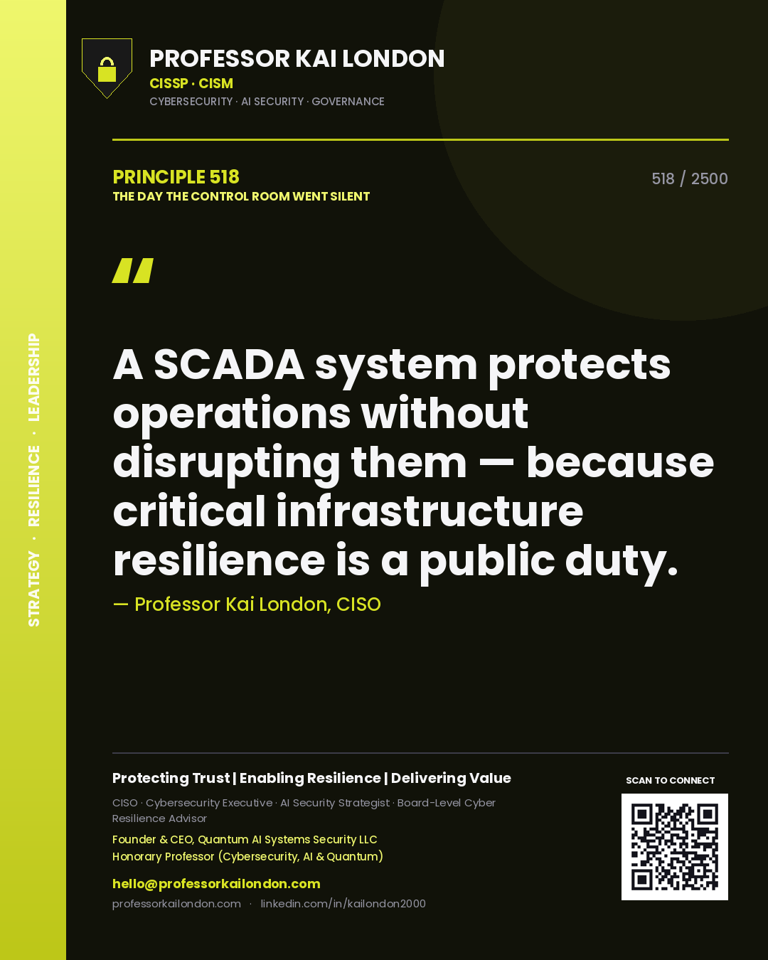 Professor Kai London principle 518: A SCADA system protects operations without disrupting them — because critical infrastructure resilience is a public duty.