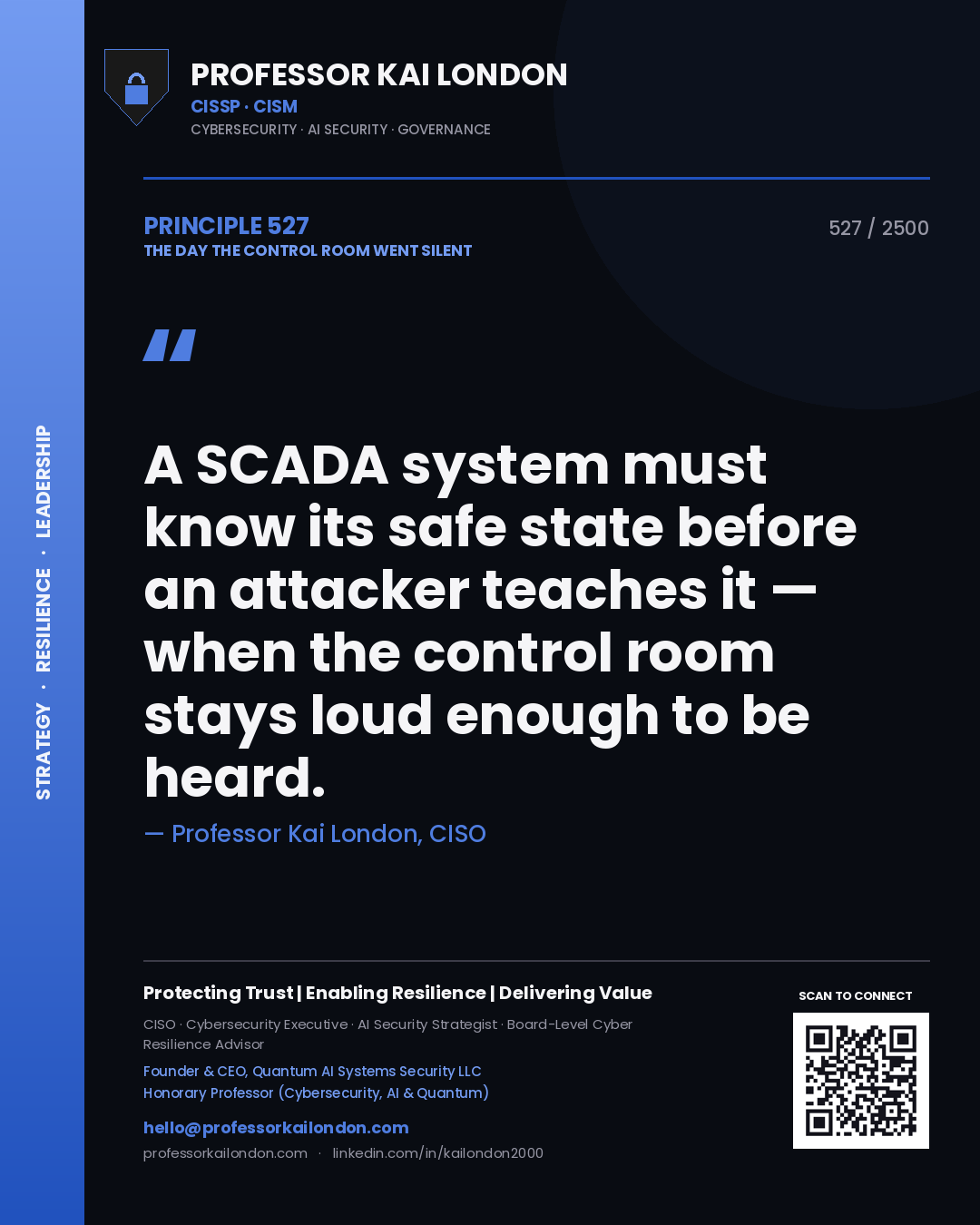 Professor Kai London principle 527: A SCADA system must know its safe state before an attacker teaches it — when the control room stays loud enough to be heard.