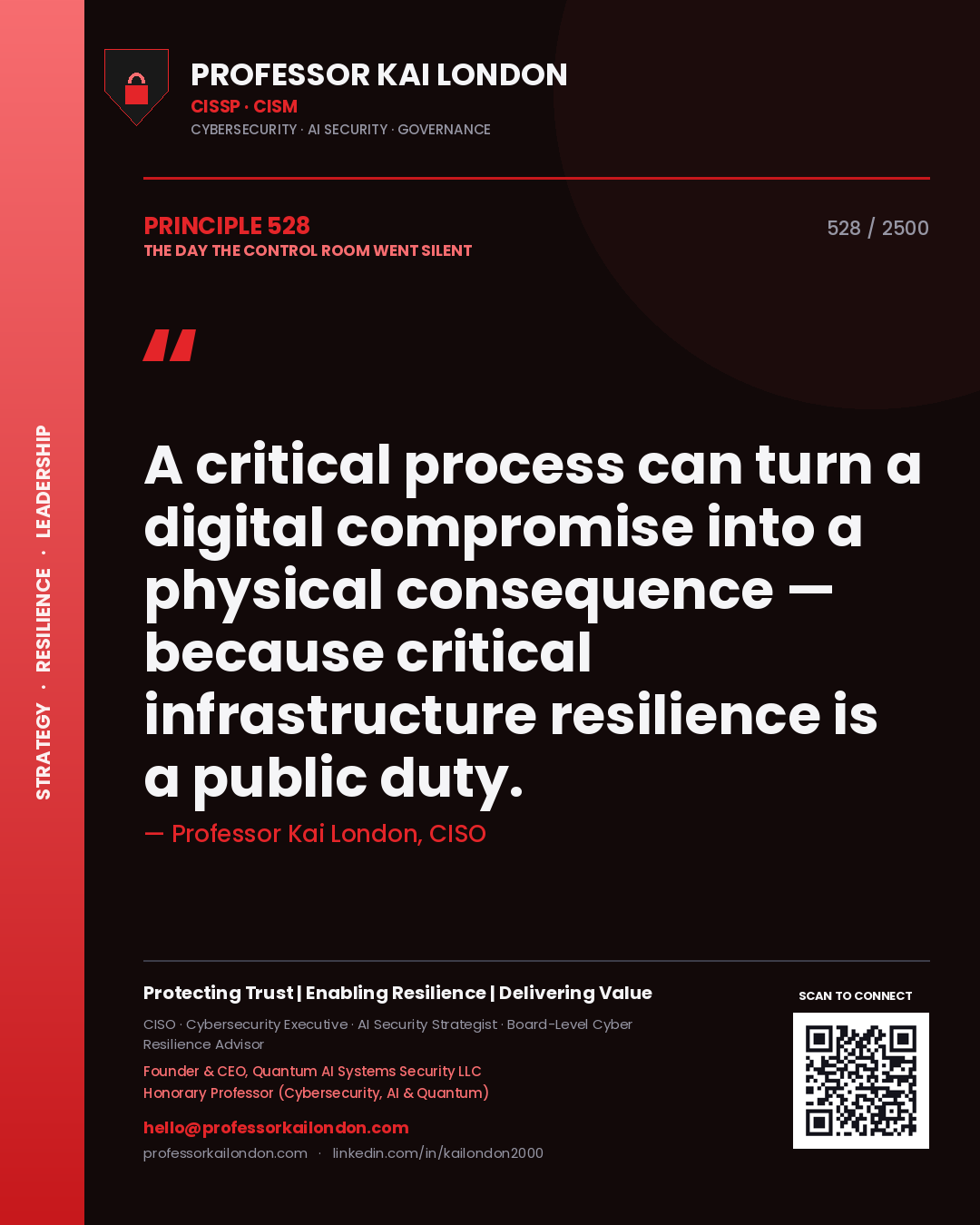 Professor Kai London principle 528: A critical process can turn a digital compromise into a physical consequence — because critical infrastructure resilience is a public duty.