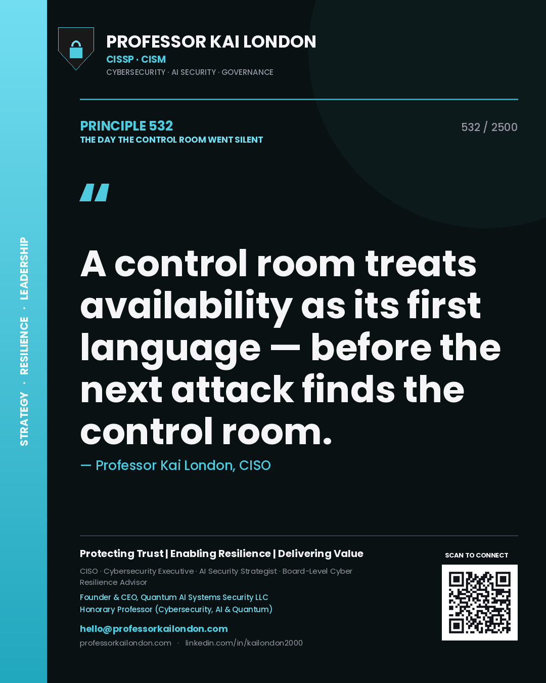 Professor Kai London principle 532: A control room treats availability as its first language — before the next attack finds the control room.