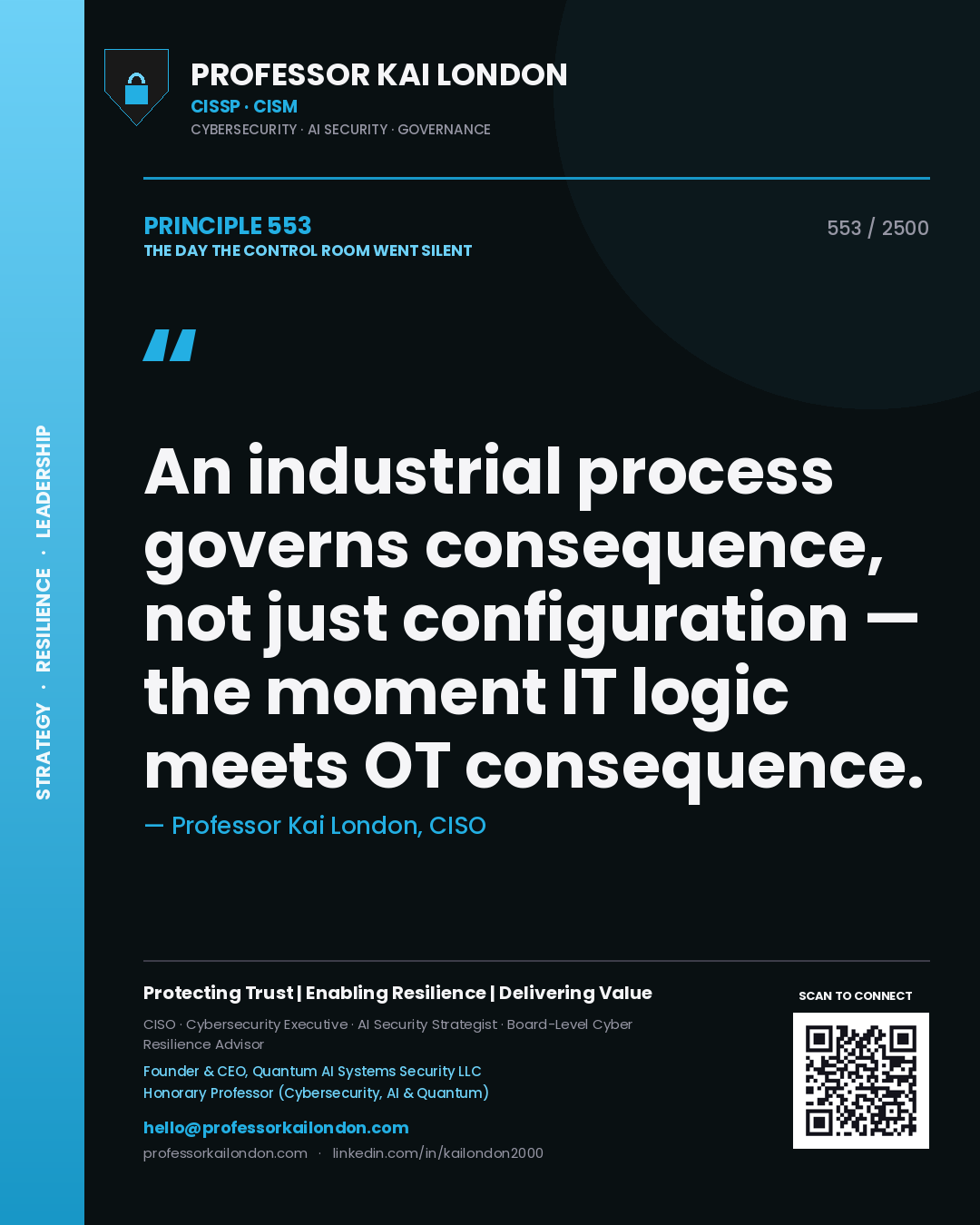 Professor Kai London principle 553: An industrial process governs consequence, not just configuration — the moment IT logic meets OT consequence.
