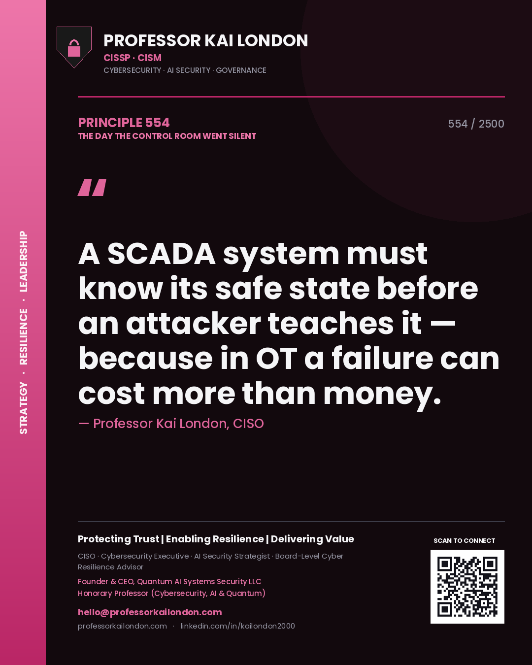 Professor Kai London principle 554: A SCADA system must know its safe state before an attacker teaches it — because in OT a failure can cost more than money.