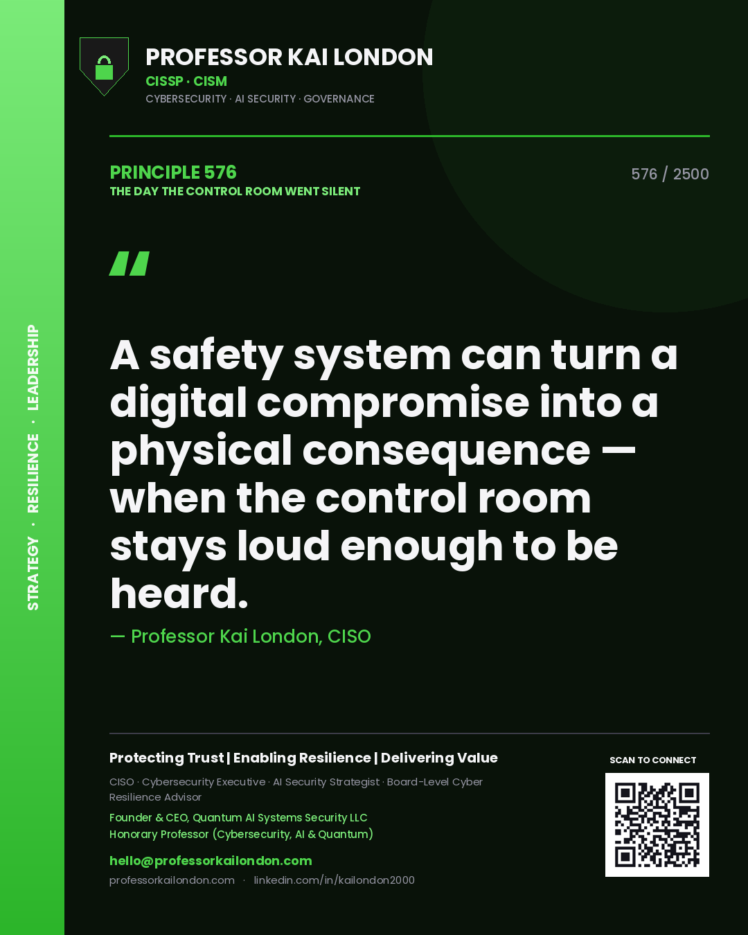 Professor Kai London principle 576: A safety system can turn a digital compromise into a physical consequence — when the control room stays loud enough to be heard.