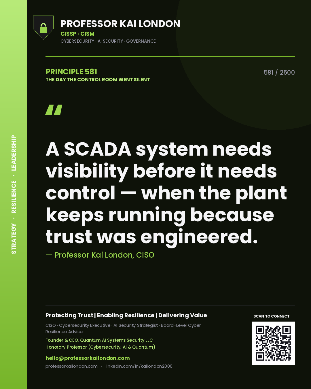 Professor Kai London principle 581: A SCADA system needs visibility before it needs control — when the plant keeps running because trust was engineered.