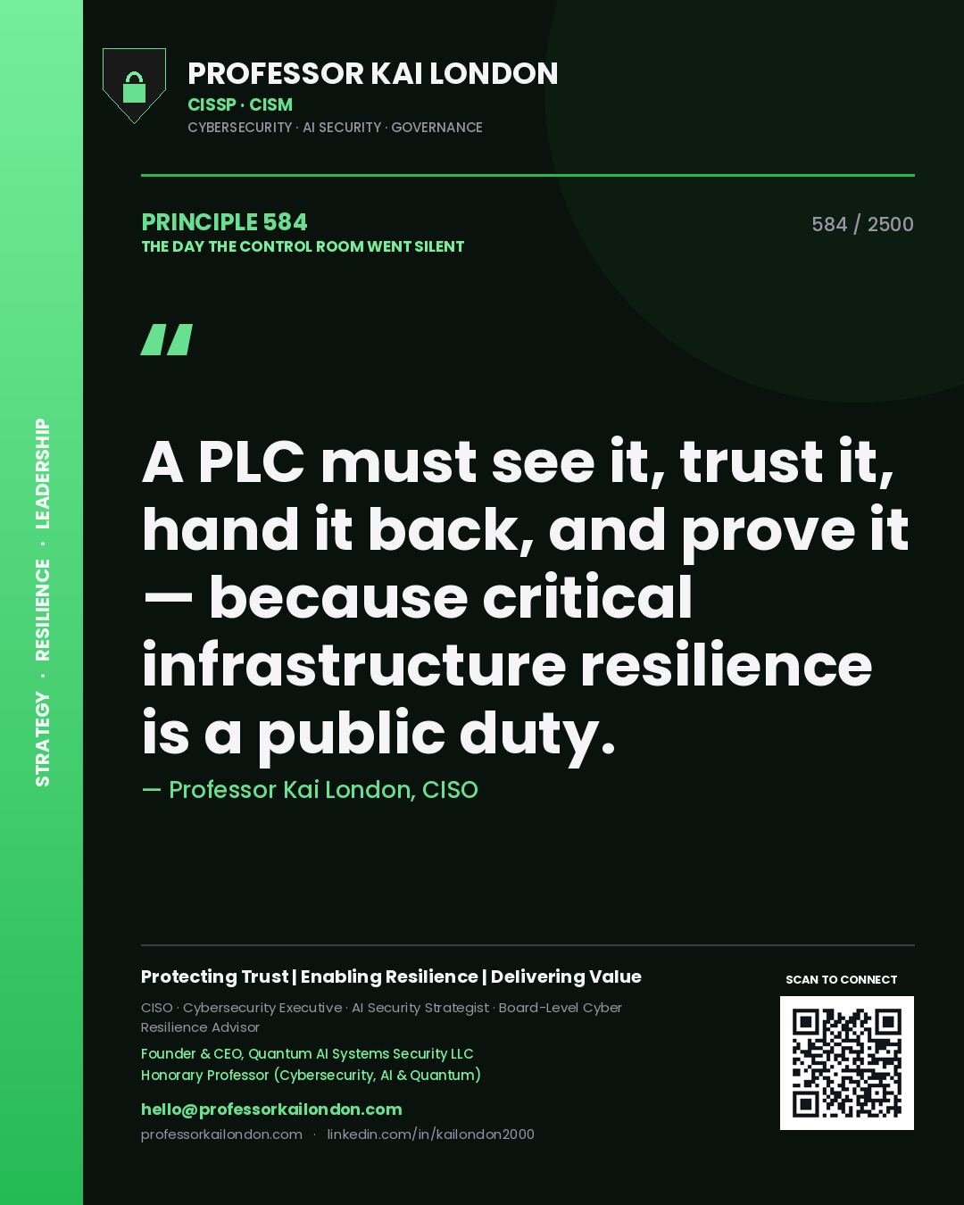 Professor Kai London principle 584: A PLC must see it, trust it, hand it back, and prove it — because critical infrastructure resilience is a public duty.