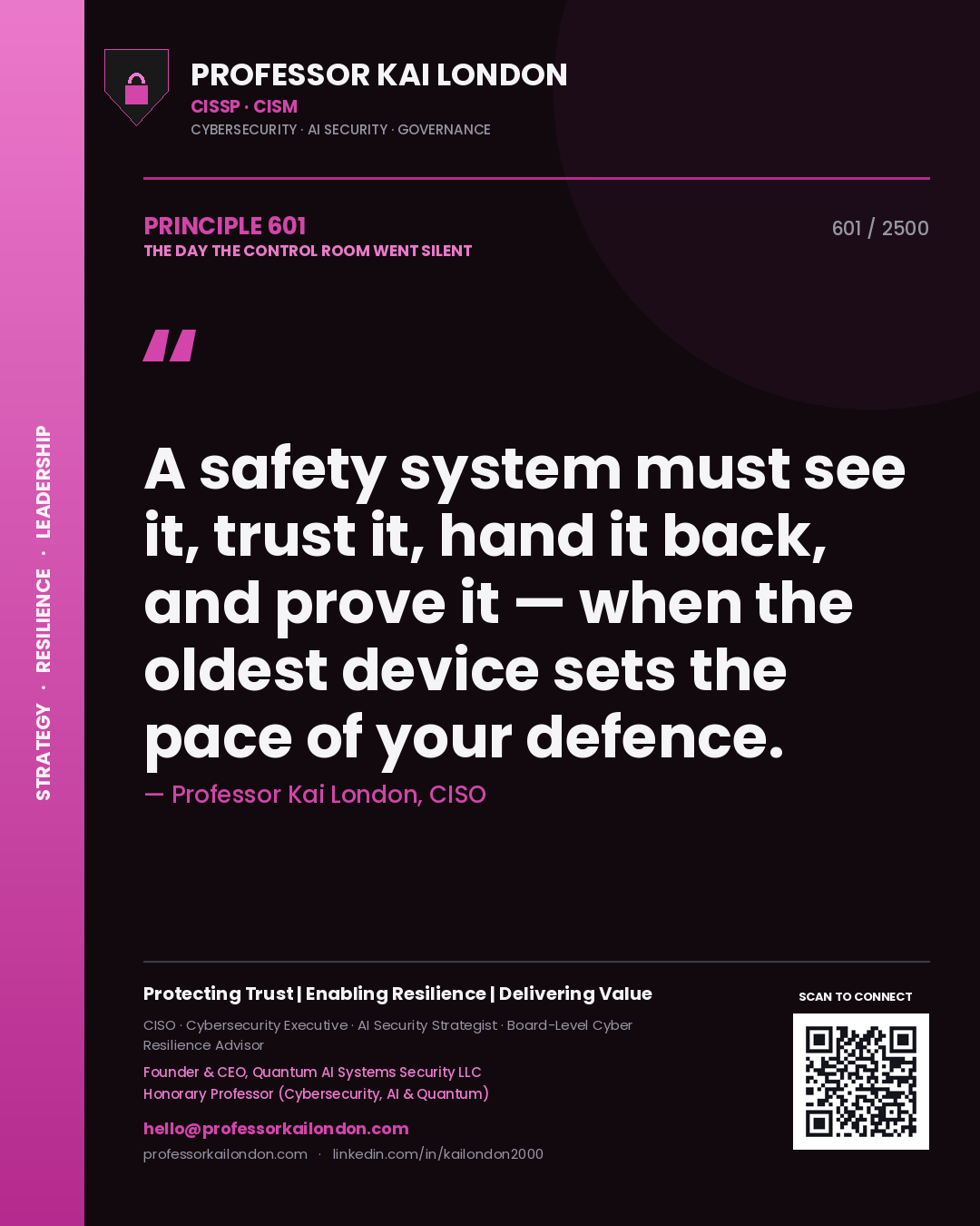 Professor Kai London principle 601: A safety system must see it, trust it, hand it back, and prove it — when the oldest device sets the pace of your defence.