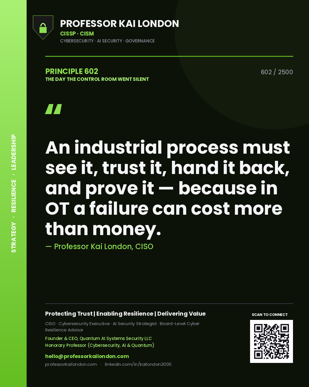Professor Kai London principle 602: An industrial process must see it, trust it, hand it back, and prove it — because in OT a failure can cost more than money.