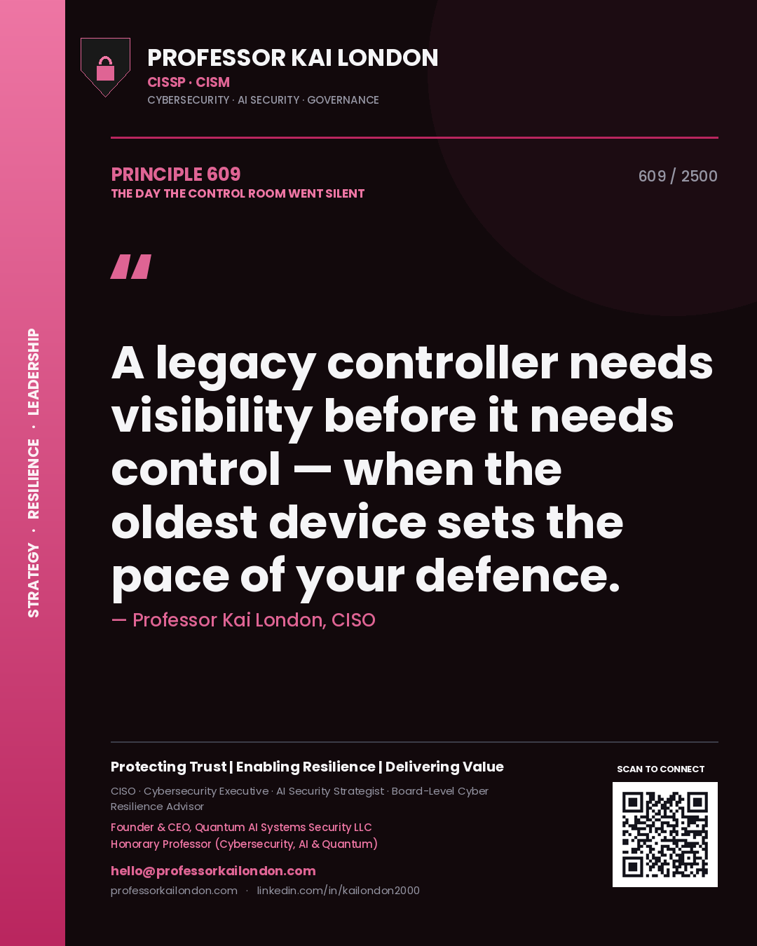 Professor Kai London principle 609: A legacy controller needs visibility before it needs control — when the oldest device sets the pace of your defence.