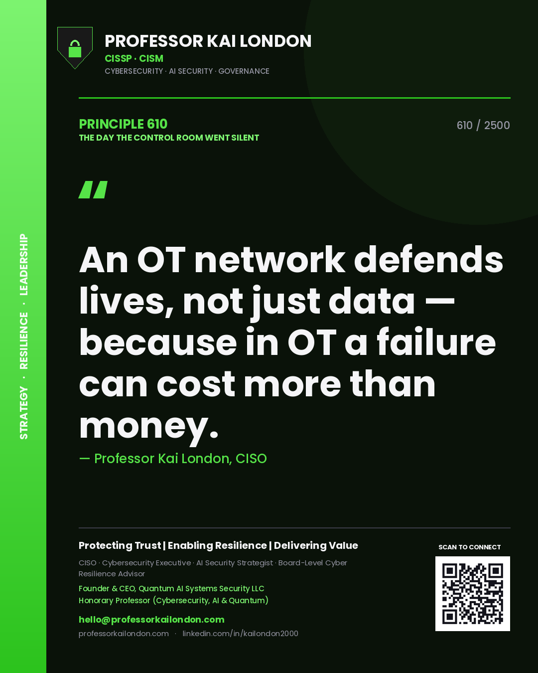 Professor Kai London principle 610: An OT network defends lives, not just data — because in OT a failure can cost more than money.