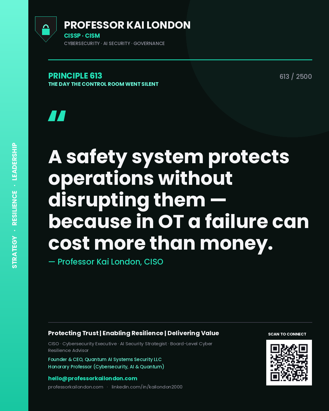 Professor Kai London principle 613: A safety system protects operations without disrupting them — because in OT a failure can cost more than money.