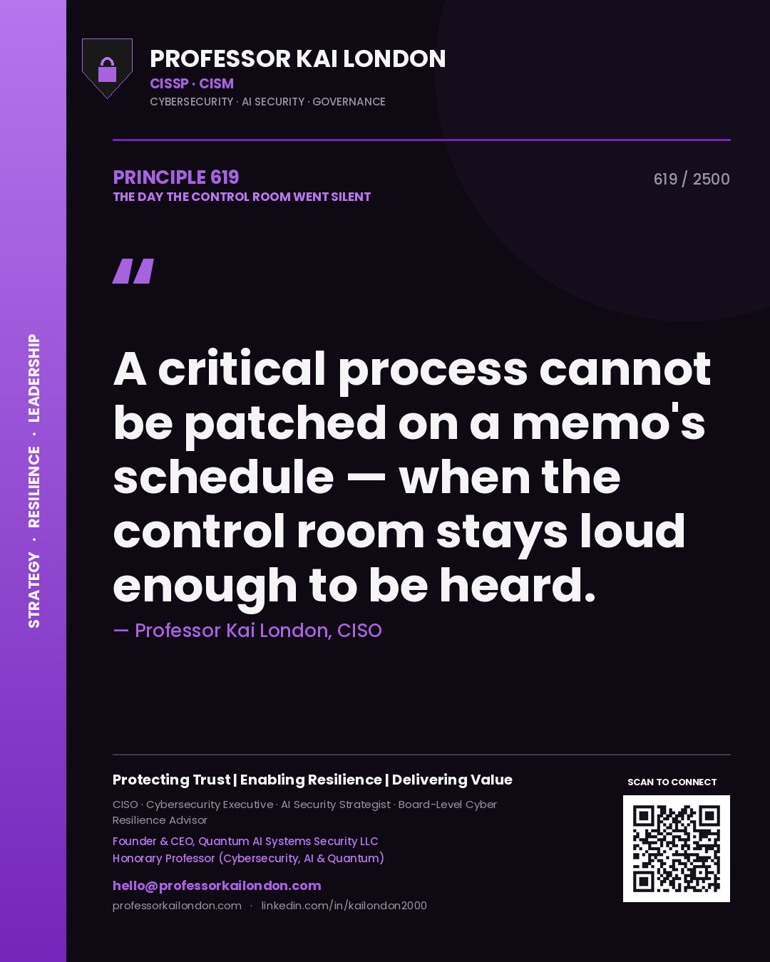 Professor Kai London principle 619: A critical process cannot be patched on a memo's schedule — when the control room stays loud enough to be heard.