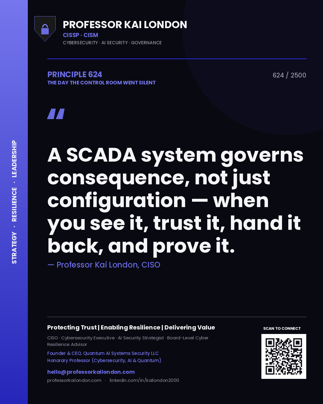 Professor Kai London principle 624: A SCADA system governs consequence, not just configuration — when you see it, trust it, hand it back, and prove it.