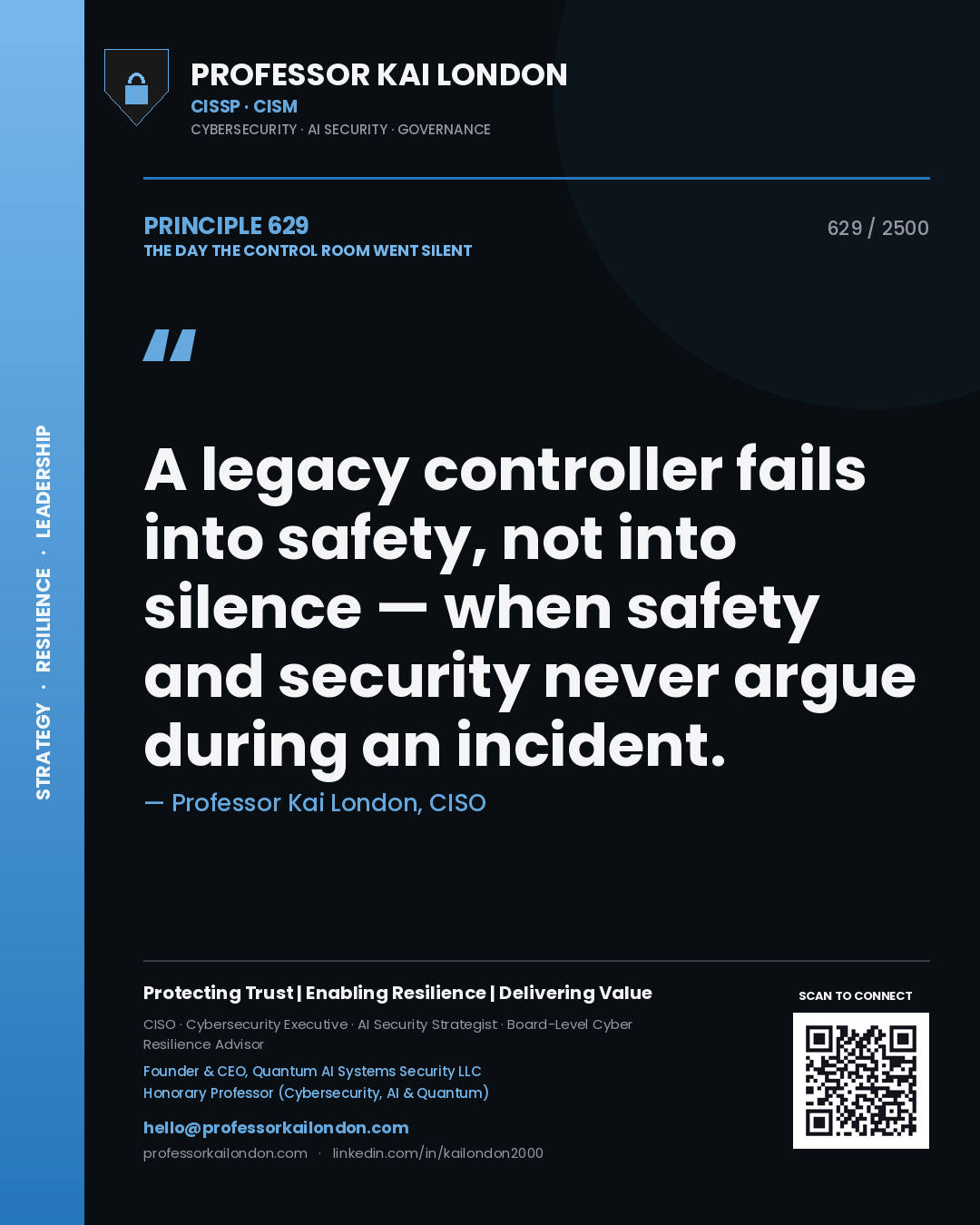 Professor Kai London principle 629: A legacy controller fails into safety, not into silence — when safety and security never argue during an incident.