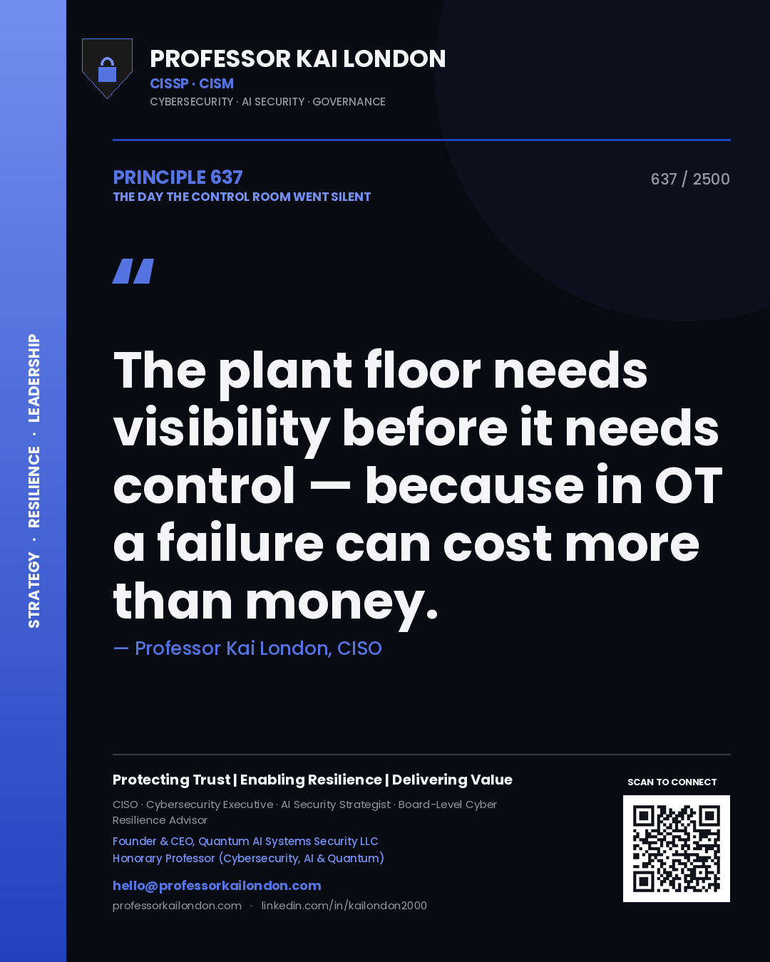 Professor Kai London principle 637: The plant floor needs visibility before it needs control — because in OT a failure can cost more than money.