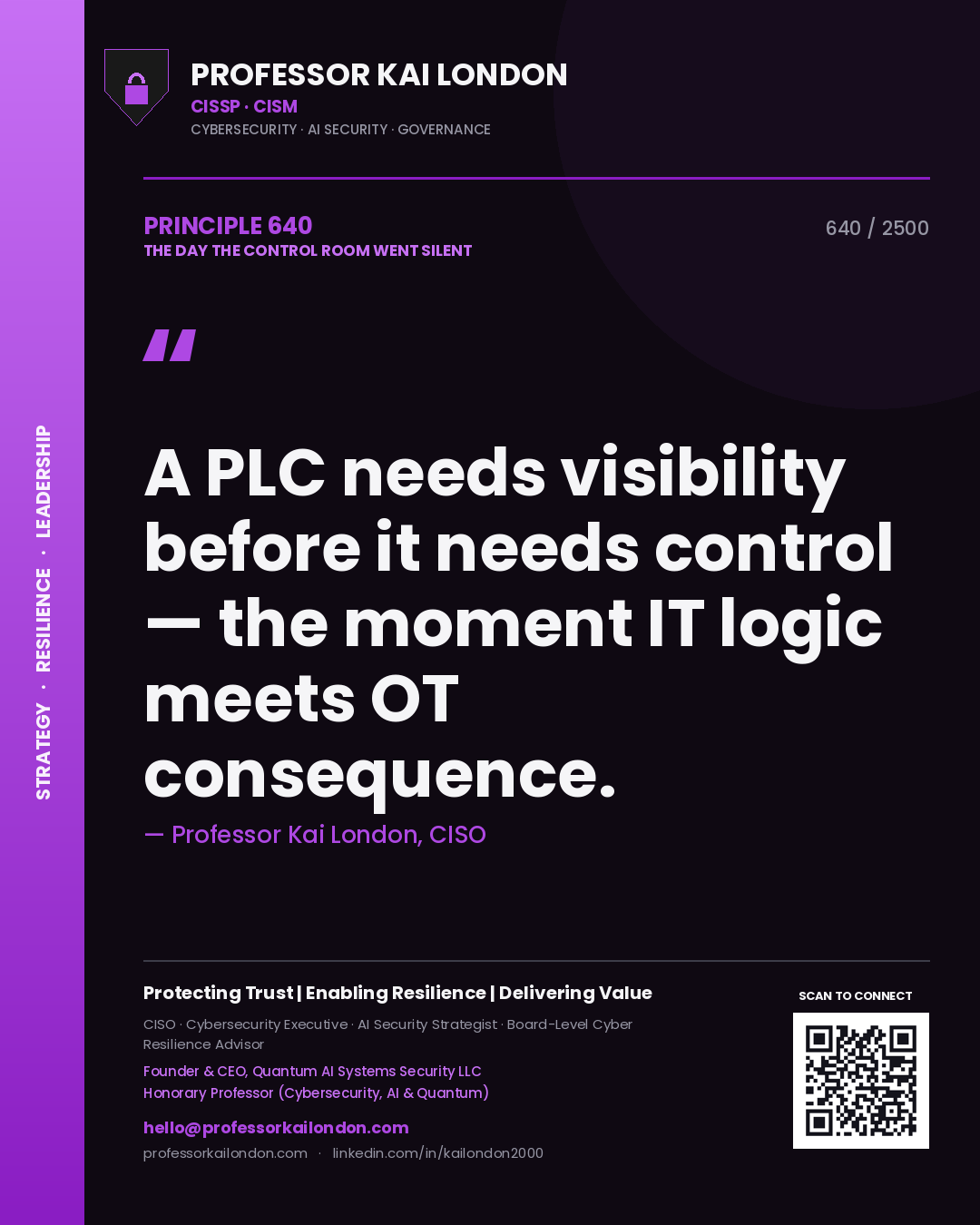 Professor Kai London principle 640: A PLC needs visibility before it needs control — the moment IT logic meets OT consequence.