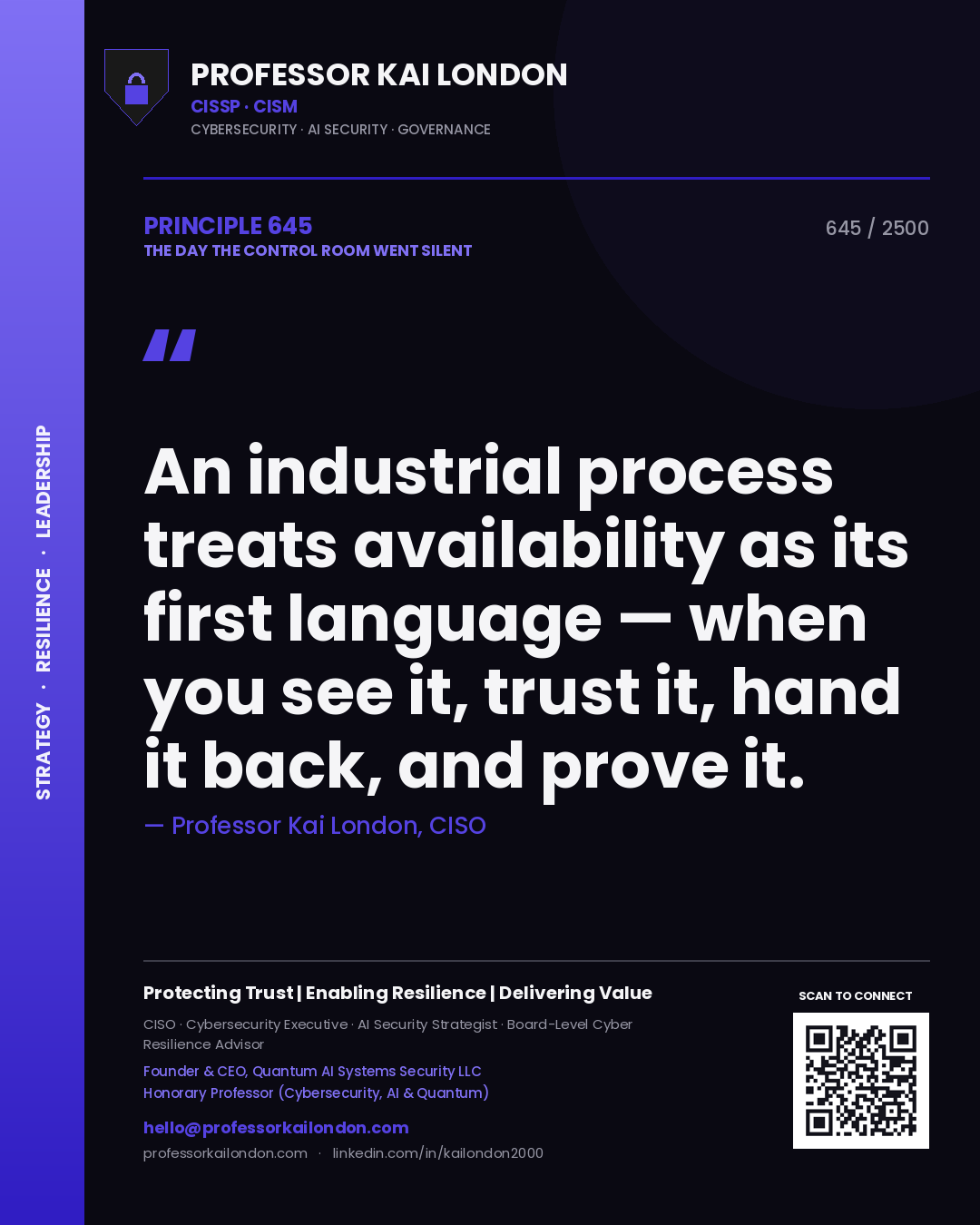 Professor Kai London principle 645: An industrial process treats availability as its first language — when you see it, trust it, hand it back, and prove it.
