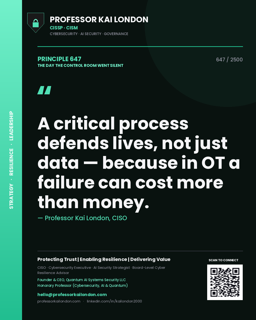 Professor Kai London principle 647: A critical process defends lives, not just data — because in OT a failure can cost more than money.