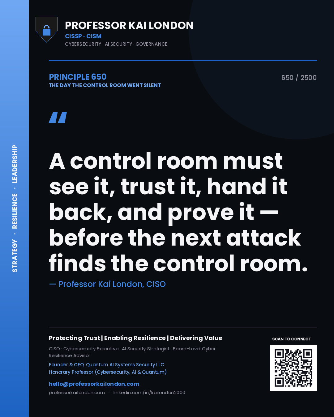 Professor Kai London principle 650: A control room must see it, trust it, hand it back, and prove it — before the next attack finds the control room.