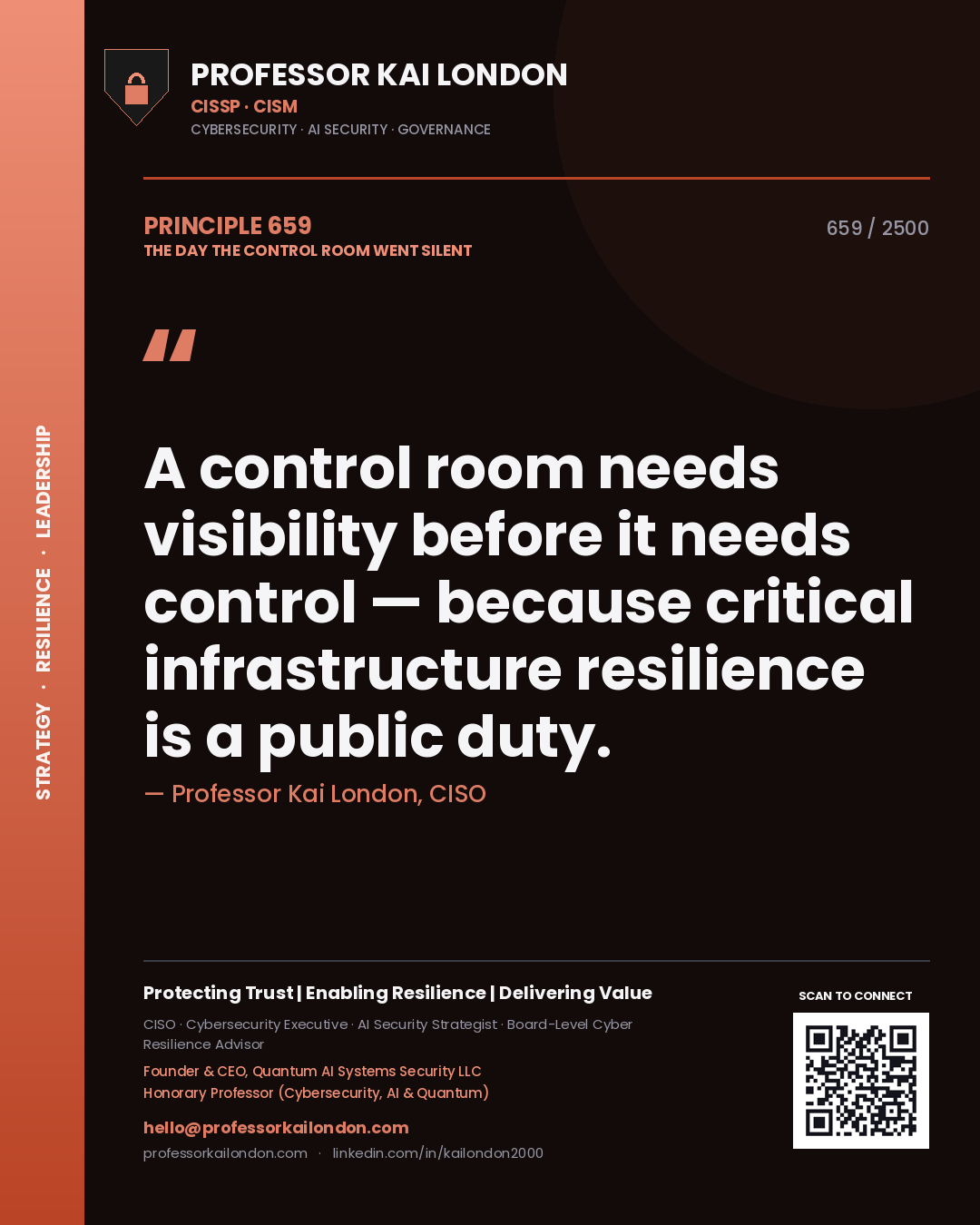 Professor Kai London principle 659: A control room needs visibility before it needs control — because critical infrastructure resilience is a public duty.