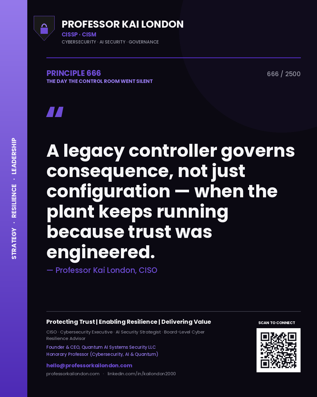 Professor Kai London principle 666: A legacy controller governs consequence, not just configuration — when the plant keeps running because trust was engineered.