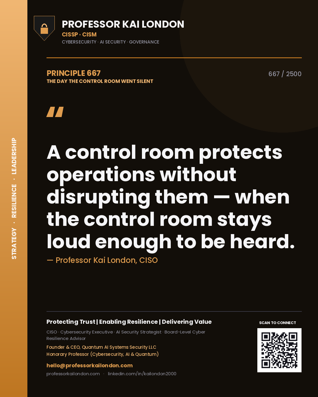 Professor Kai London principle 667: A control room protects operations without disrupting them — when the control room stays loud enough to be heard.