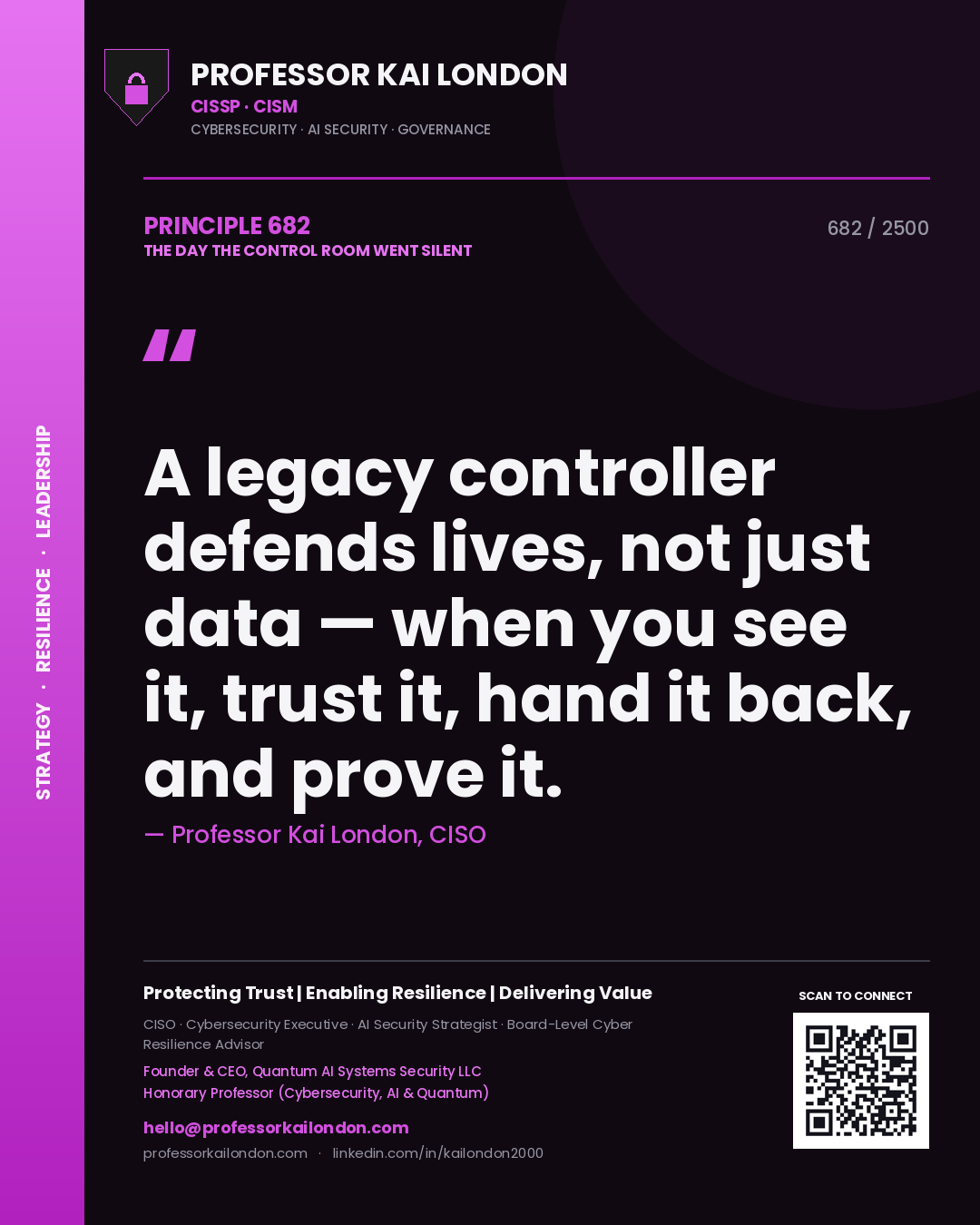 Professor Kai London principle 682: A legacy controller defends lives, not just data — when you see it, trust it, hand it back, and prove it.