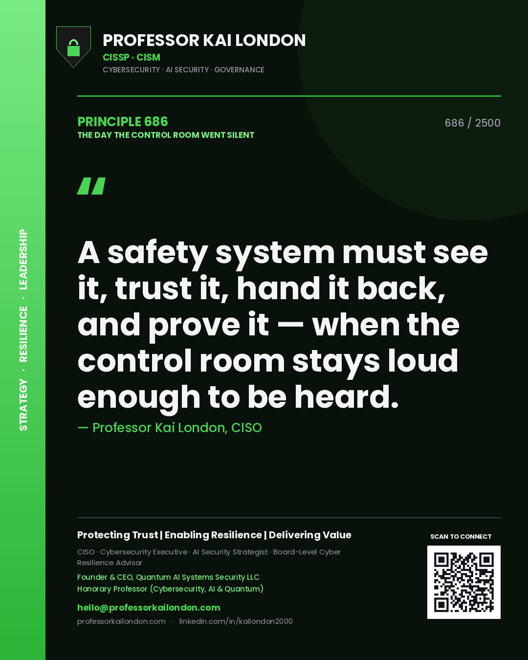 Professor Kai London principle 686: A safety system must see it, trust it, hand it back, and prove it — when the control room stays loud enough to be heard.
