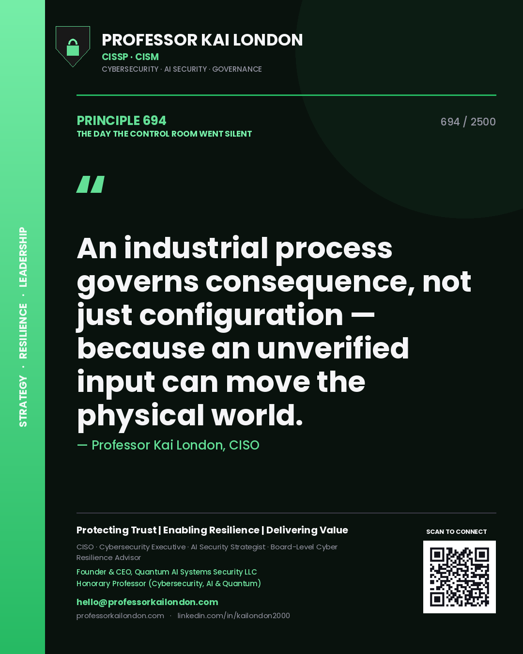 Professor Kai London principle 694: An industrial process governs consequence, not just configuration — because an unverified input can move the physical world.