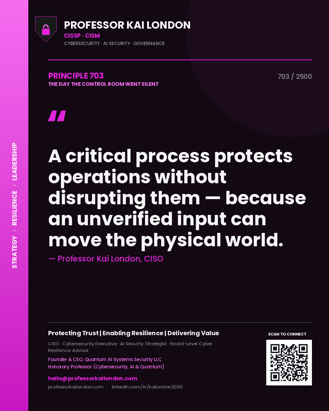 Professor Kai London principle 703: A critical process protects operations without disrupting them — because an unverified input can move the physical world.