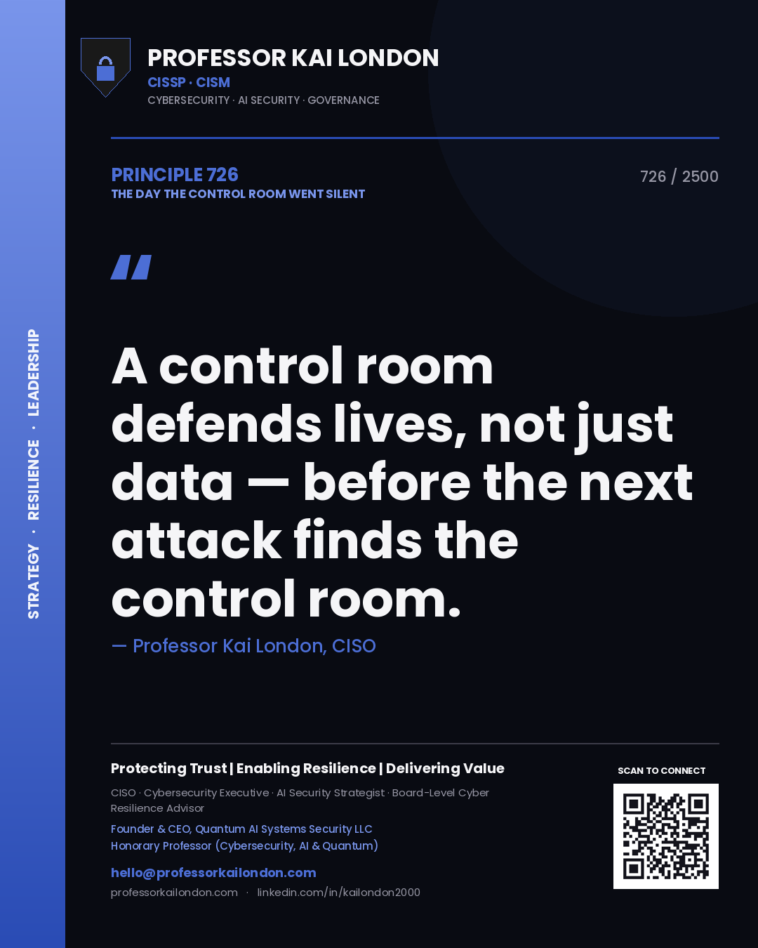 Professor Kai London principle 726: A control room defends lives, not just data — before the next attack finds the control room.